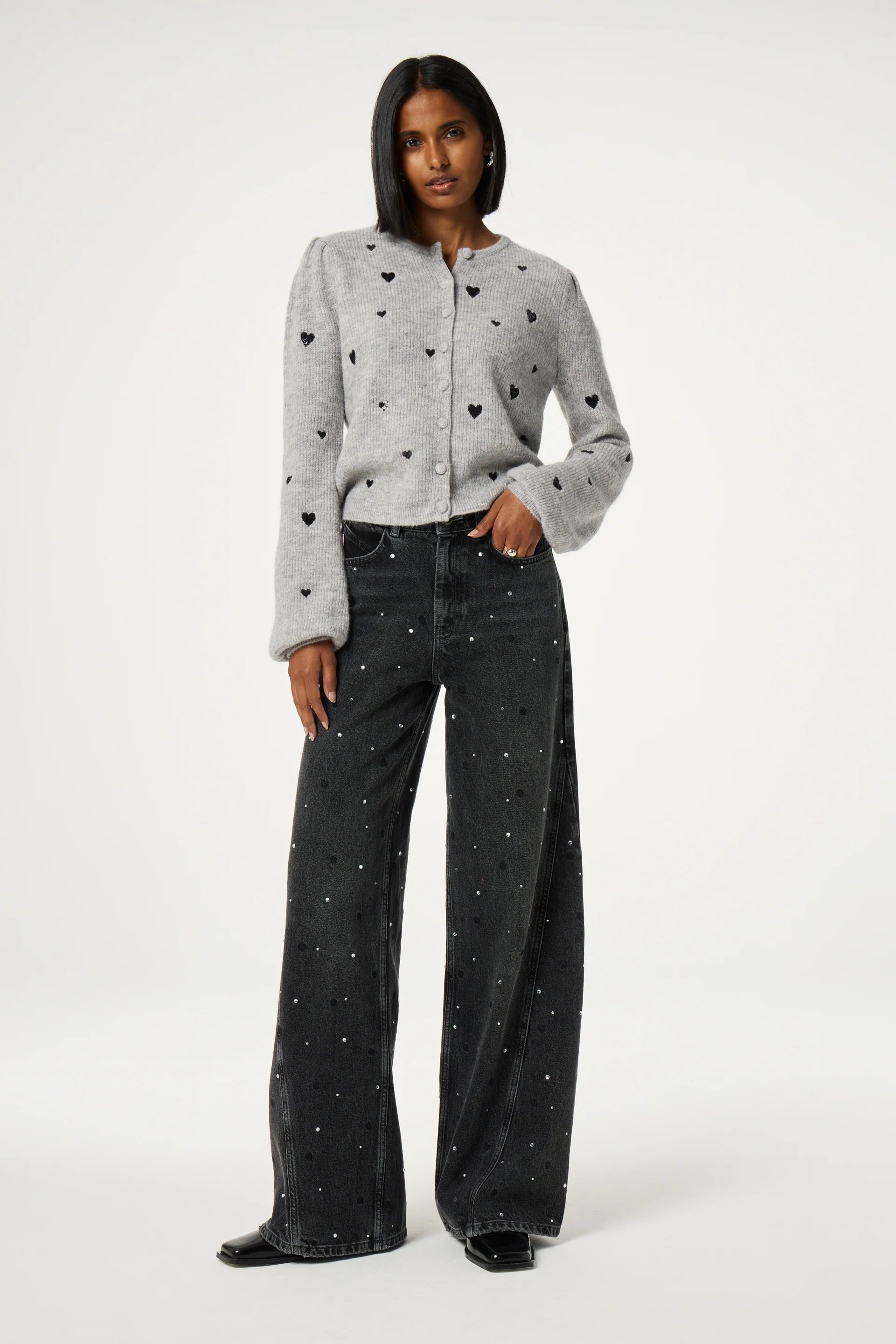 FABIENNE CHAPOT - BONNIE WIDE LEG RHINESTONE  DK GREY JEANS