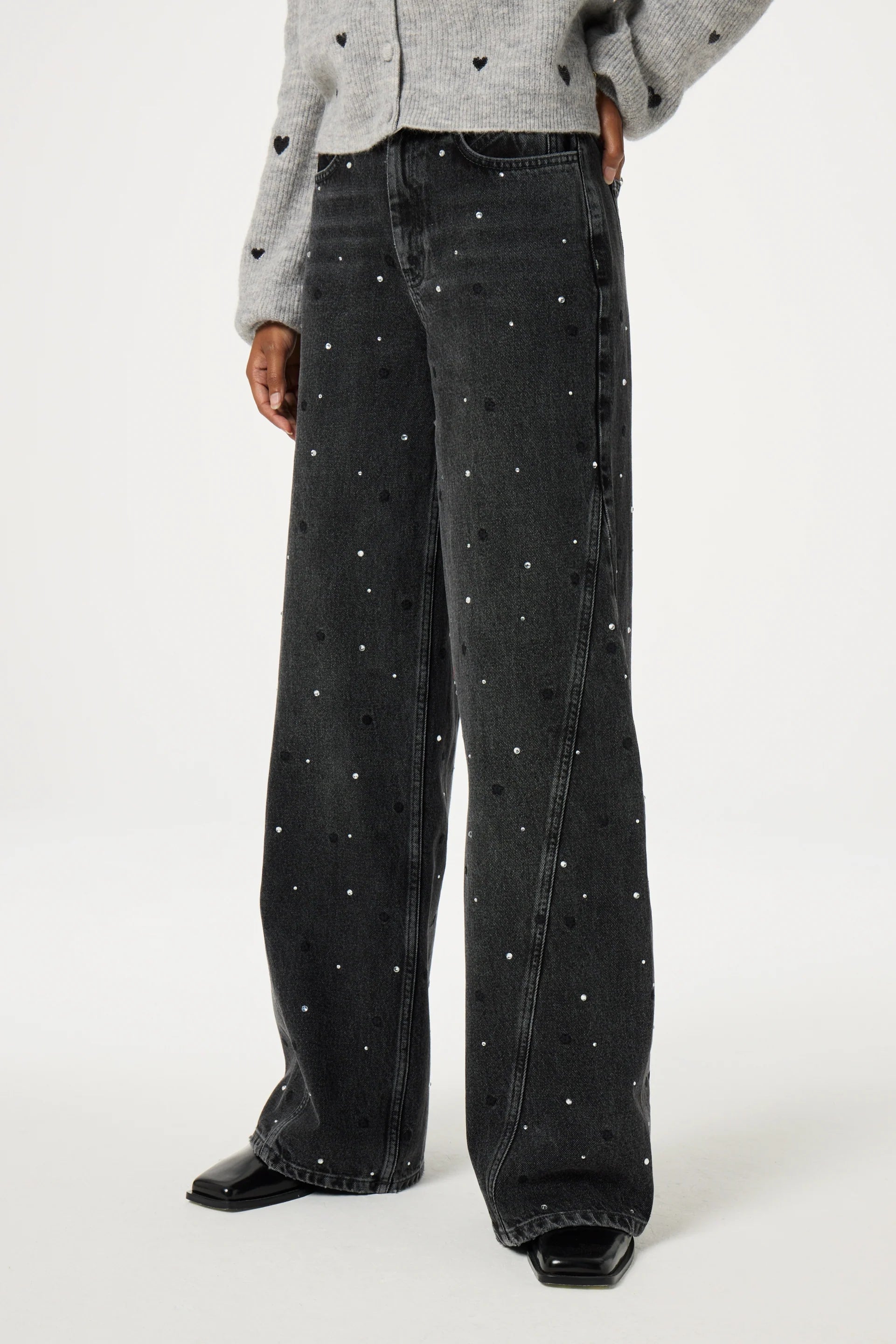 FABIENNE CHAPOT - BONNIE WIDE LEG RHINESTONE  DK GREY JEANS